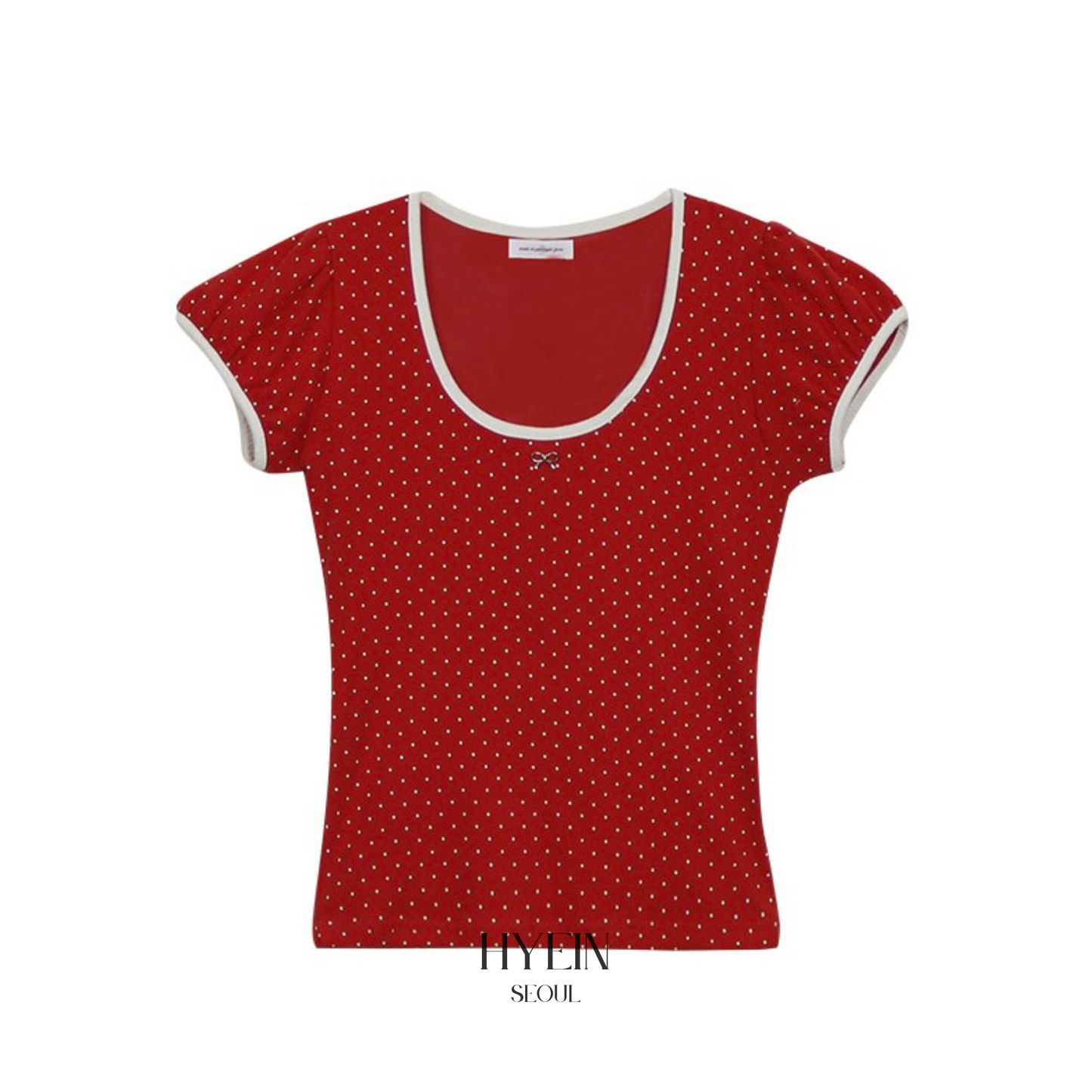 Dotty ribbon shirring t-shirt / red