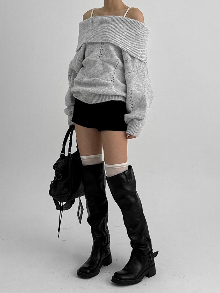 Kened punching off-shoulder wool knit / gray【Hearts2Hearts(H2H) ian】