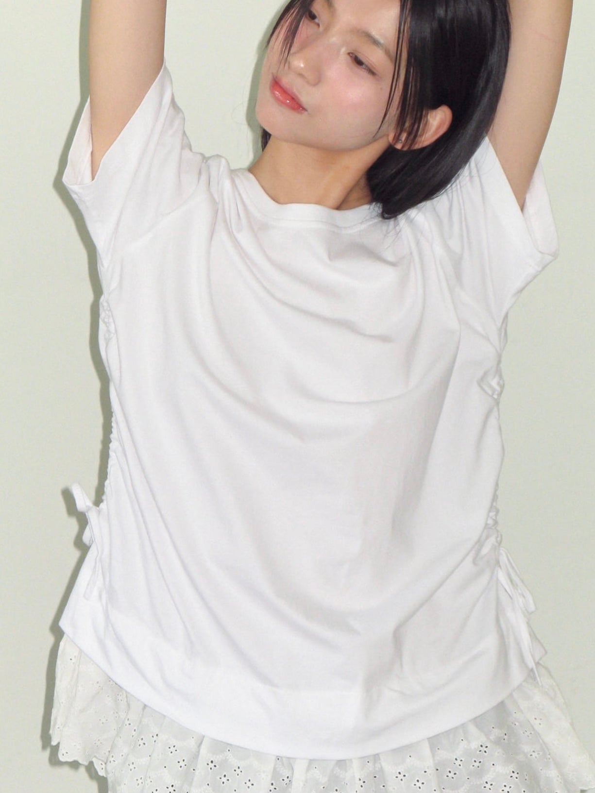 【IVE レイ着用】Torchon lace shirring layered long t shirt