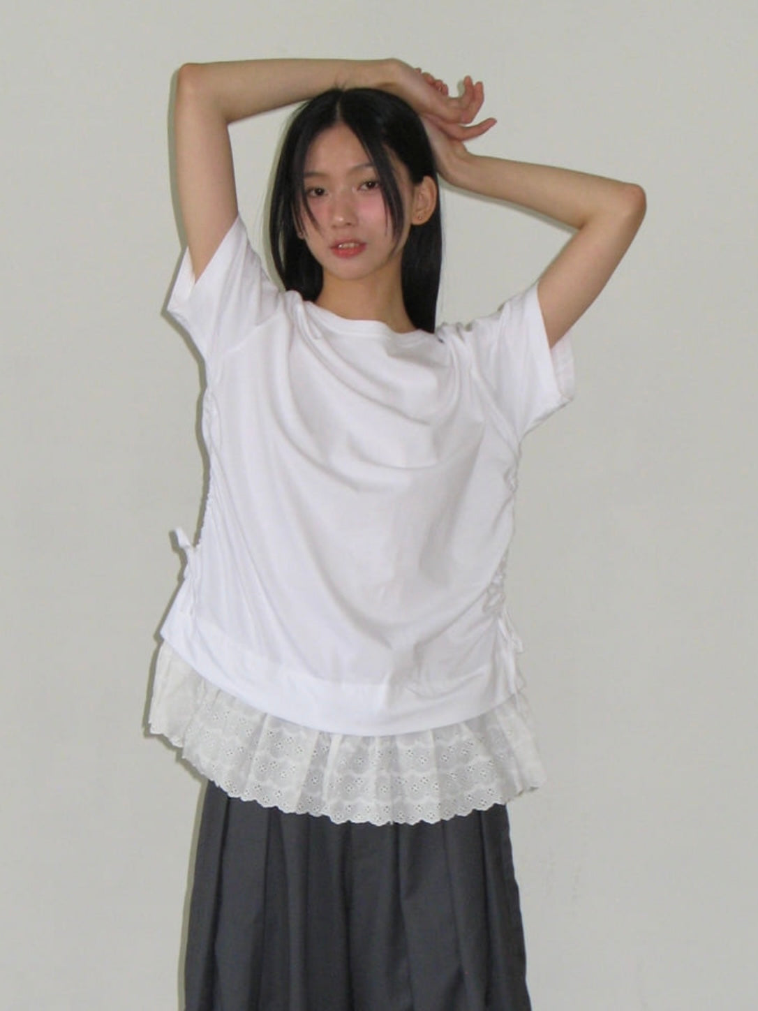 【IVE レイ着用】Torchon lace shirring layered long t shirt