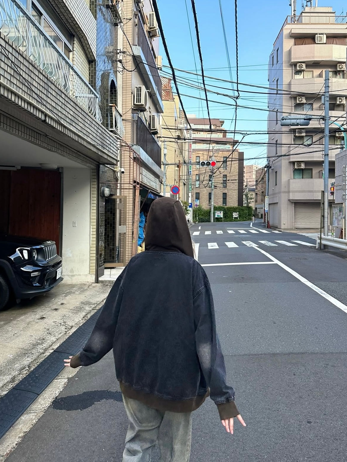 【IVE リズ着用】Vintage washing star denim hooded zip-up
