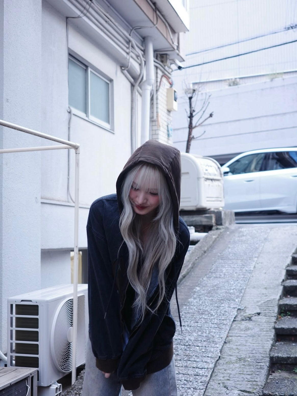 【IVE リズ着用】Vintage washing star denim hooded zip-up