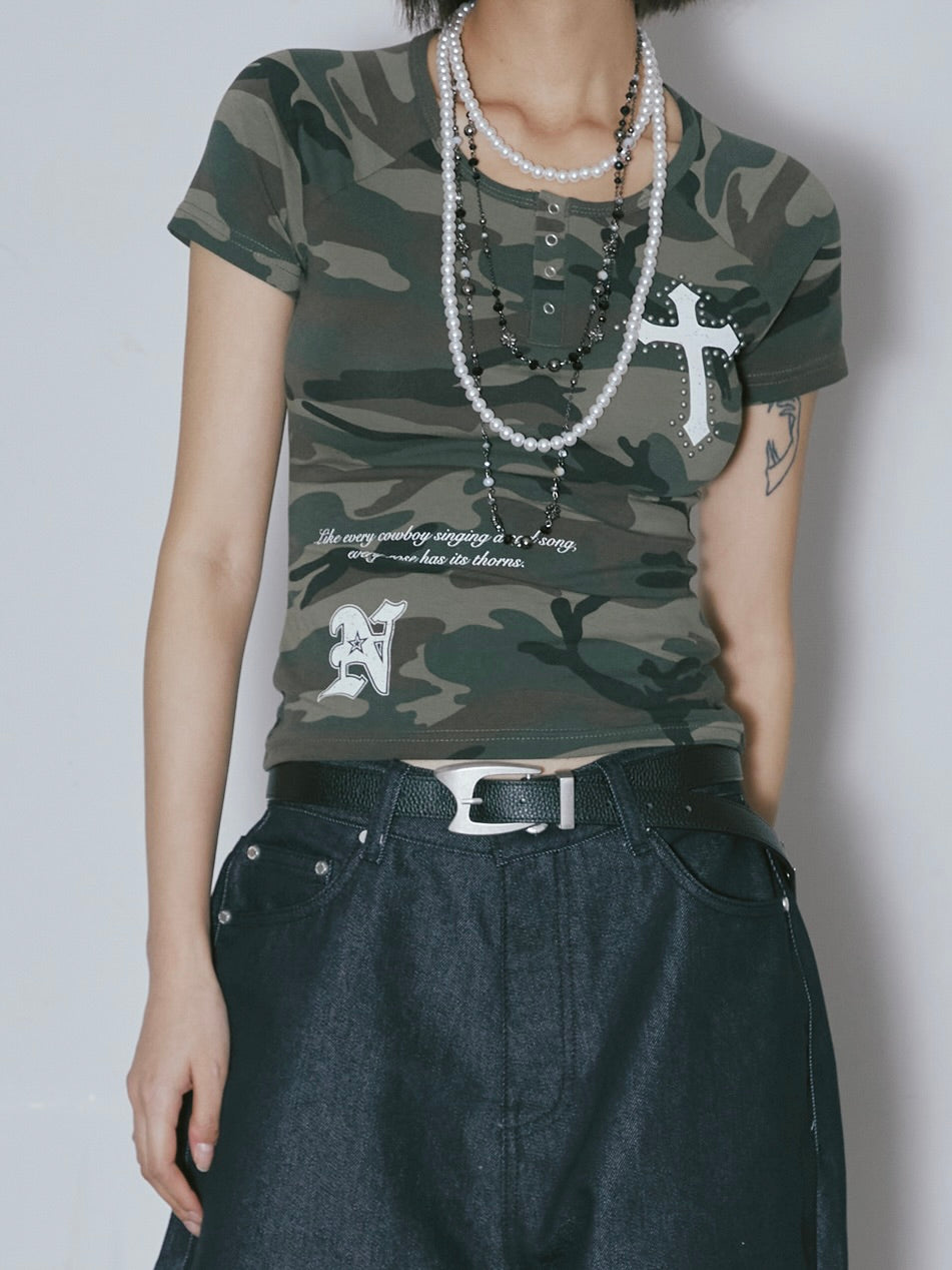 Vintage cross button down tee / camo