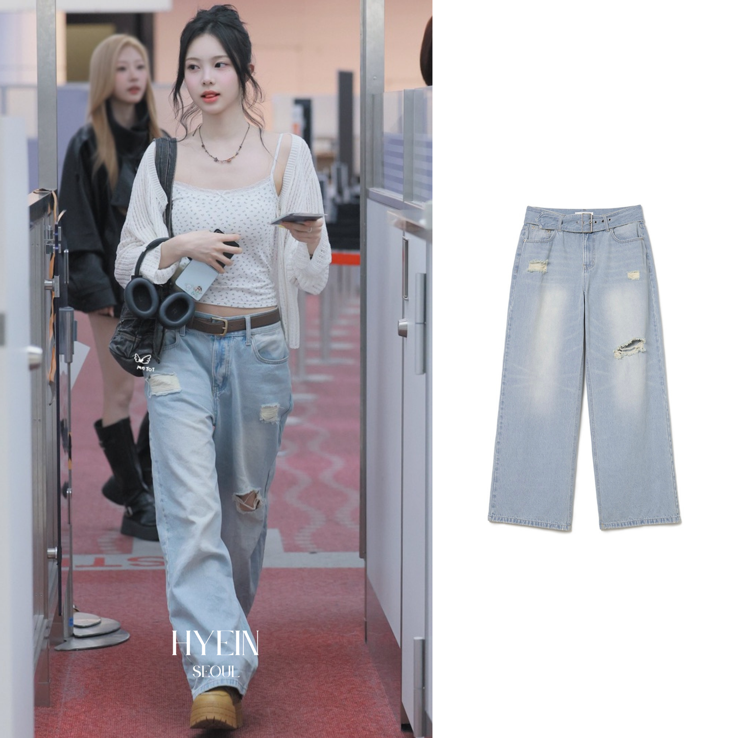 Belted damage wide jeans / washed blue【Hearts2Hearts(H2H) イアン着用】