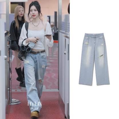 Belted damage wide jeans / washed blue【Hearts2Hearts(H2H) イアン着用】