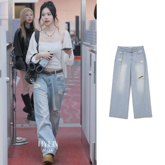 Belted damage wide jeans / washed blue【Hearts2Hearts(H2H) イアン着用】