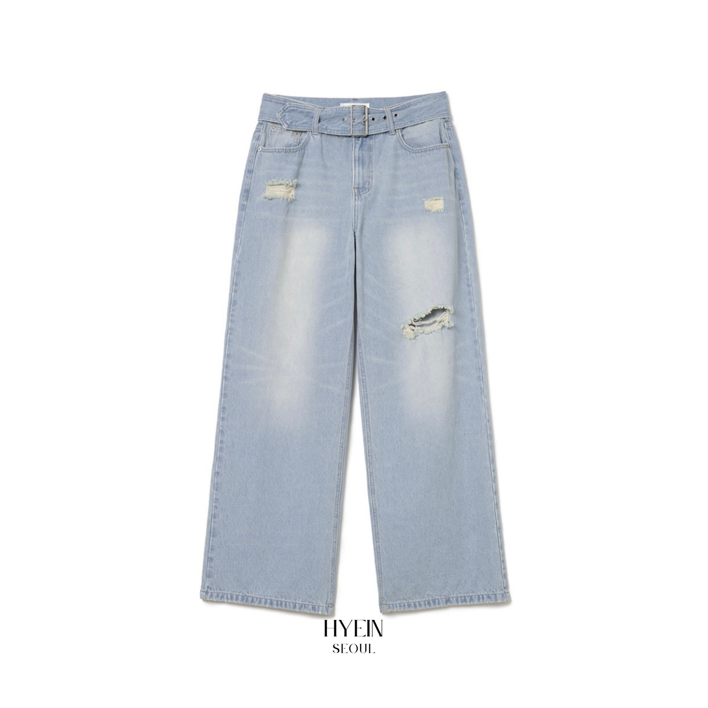 Belted damage wide jeans / washed blue【Hearts2Hearts(H2H) イアン着用】