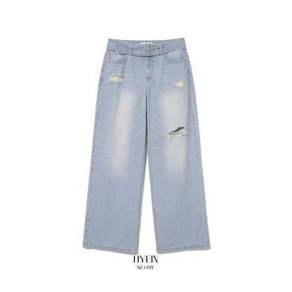 Belted damage wide jeans / washed blue【Hearts2Hearts(H2H) イアン着用】