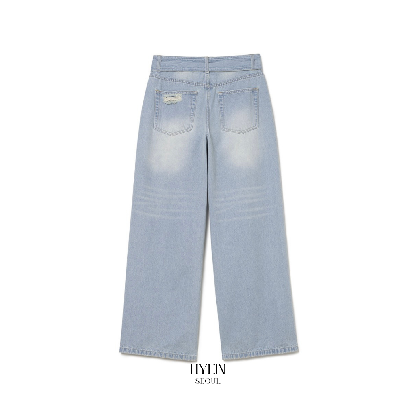 Belted damage wide jeans / washed blue【Hearts2Hearts(H2H) イアン着用】