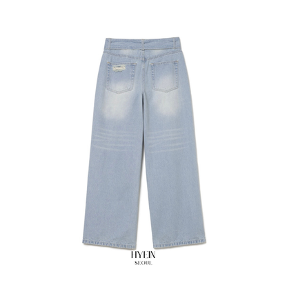 Belted damage wide jeans / washed blue【Hearts2Hearts(H2H) イアン着用】