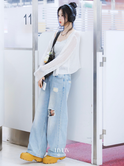 Belted damage wide jeans / washed blue【Hearts2Hearts(H2H) イアン着用】