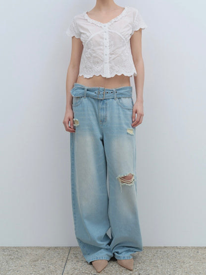 Belted damage wide jeans / washed blue【Hearts2Hearts(H2H) イアン着用】