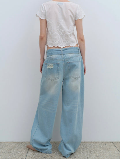 Belted damage wide jeans / washed blue【Hearts2Hearts(H2H) イアン着用】