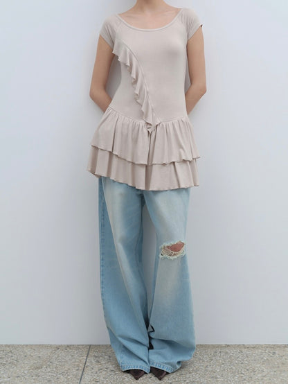 Belted damage wide jeans / washed blue【Hearts2Hearts(H2H) イアン着用】