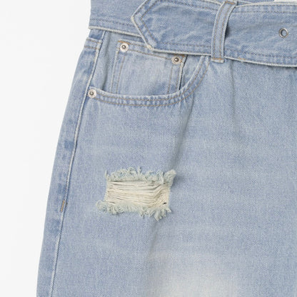 Belted damage wide jeans / washed blue【Hearts2Hearts(H2H) イアン着用】