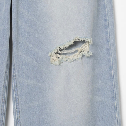 Belted damage wide jeans / washed blue【Hearts2Hearts(H2H) イアン着用】