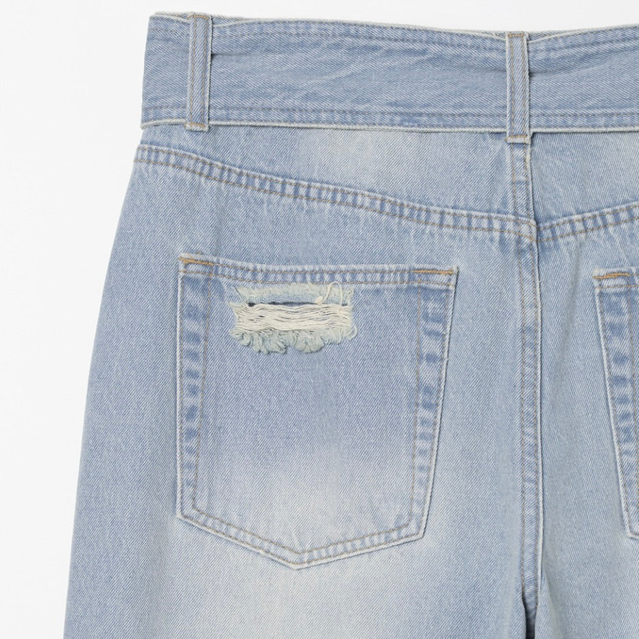 Belted damage wide jeans / washed blue【Hearts2Hearts(H2H) イアン着用】