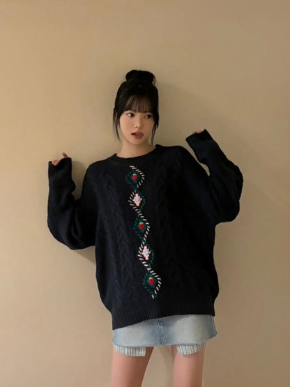 Berry handmade point fisherman pullover knit / navy