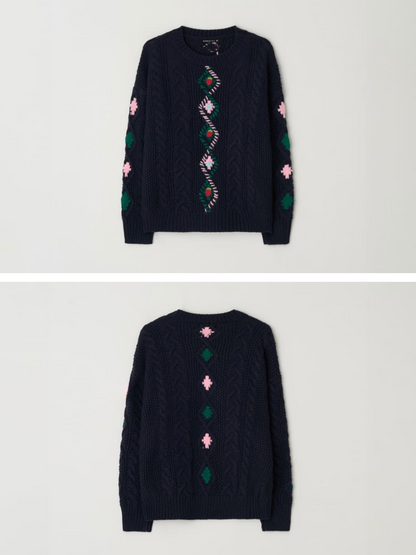 Berry handmade point fisherman pullover knit / navy