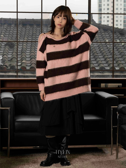 Block stripe off-shoulder knit【NMIXX sullyoon】