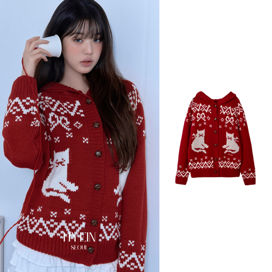 Cat jacquard hoodie cardigan red【IVE ウォニョン着用】
