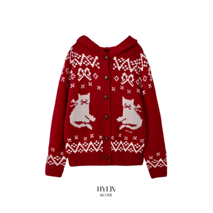 Cat jacquard hoodie cardigan red【IVE ウォニョン着用】