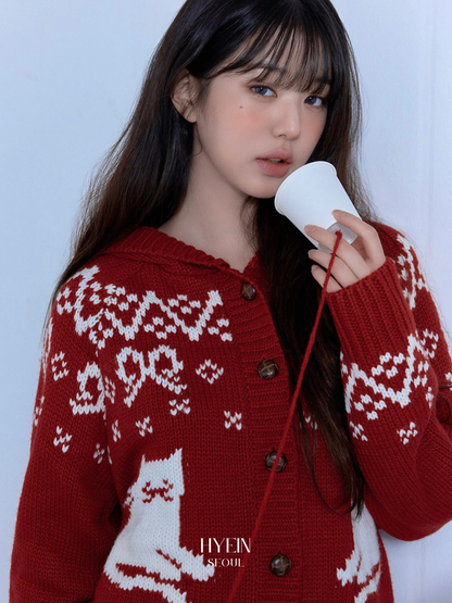 Cat jacquard hoodie cardigan red【IVE ウォニョン着用】