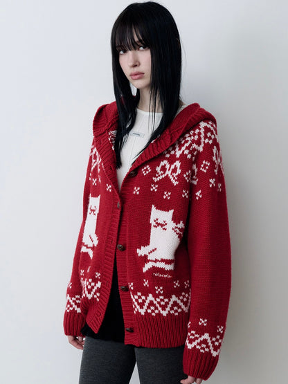 Cat jacquard hoodie cardigan red【IVE ウォニョン着用】