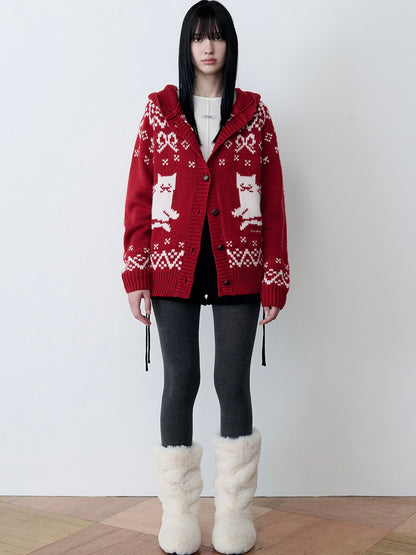 Cat jacquard hoodie cardigan red【IVE ウォニョン着用】