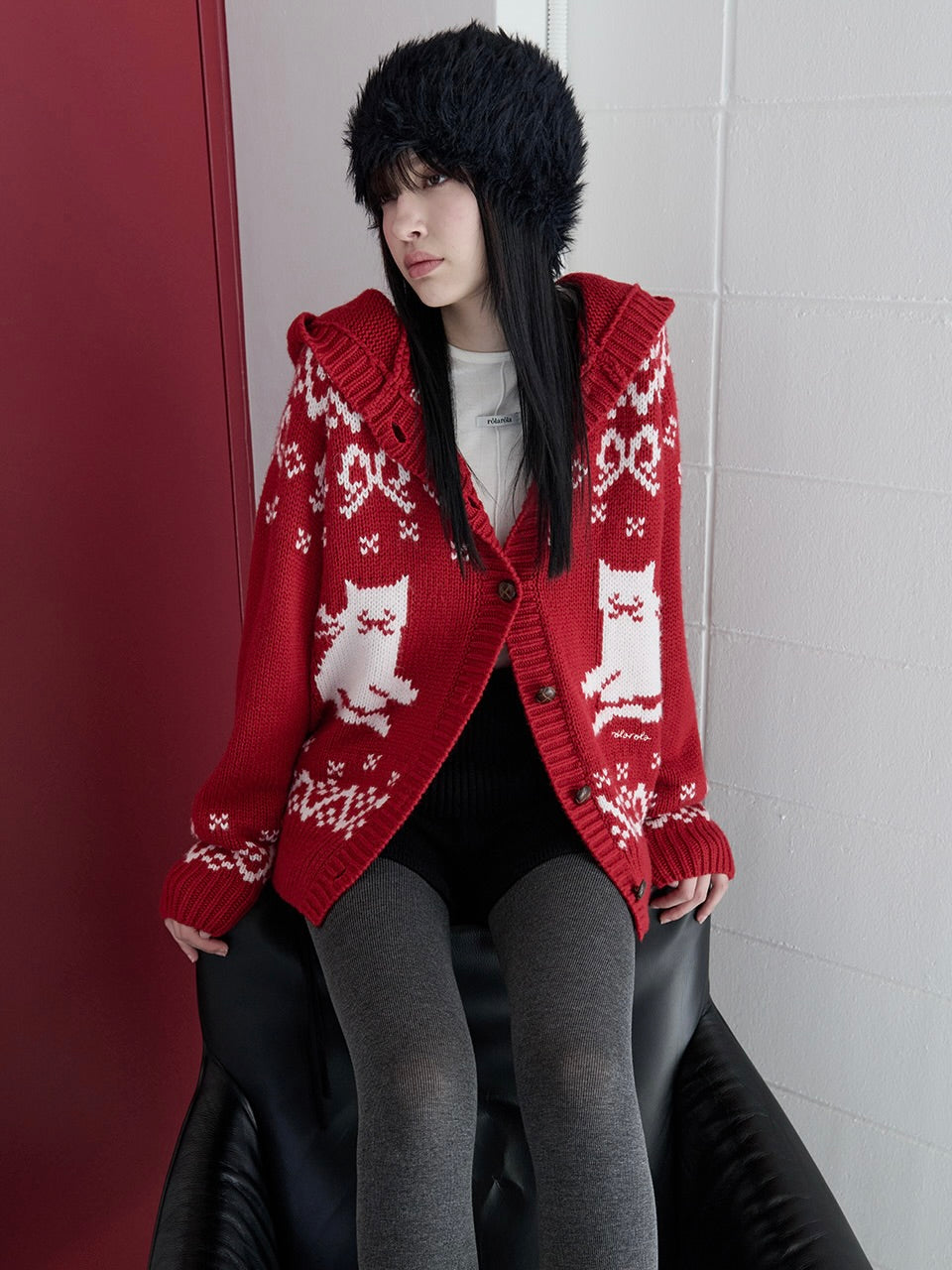 Cat jacquard hoodie cardigan red【IVE ウォニョン着用】