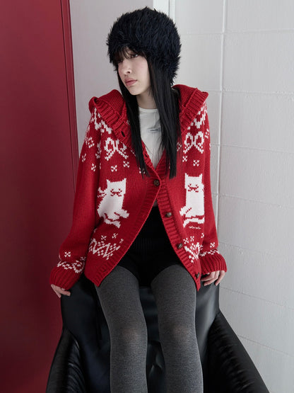 Cat jacquard hoodie cardigan red【IVE ウォニョン着用】