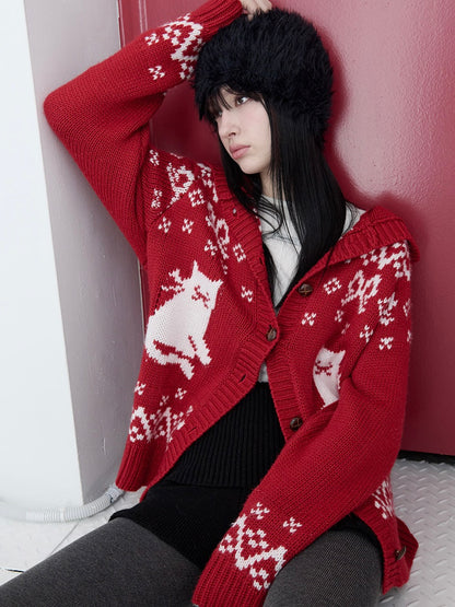 Cat jacquard hoodie cardigan red【IVE ウォニョン着用】