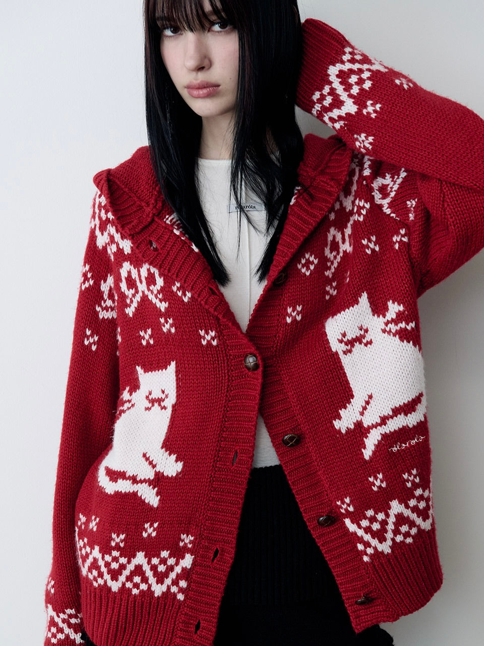 Cat jacquard hoodie cardigan red【IVE ウォニョン着用】