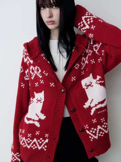 Cat jacquard hoodie cardigan red【IVE ウォニョン着用】