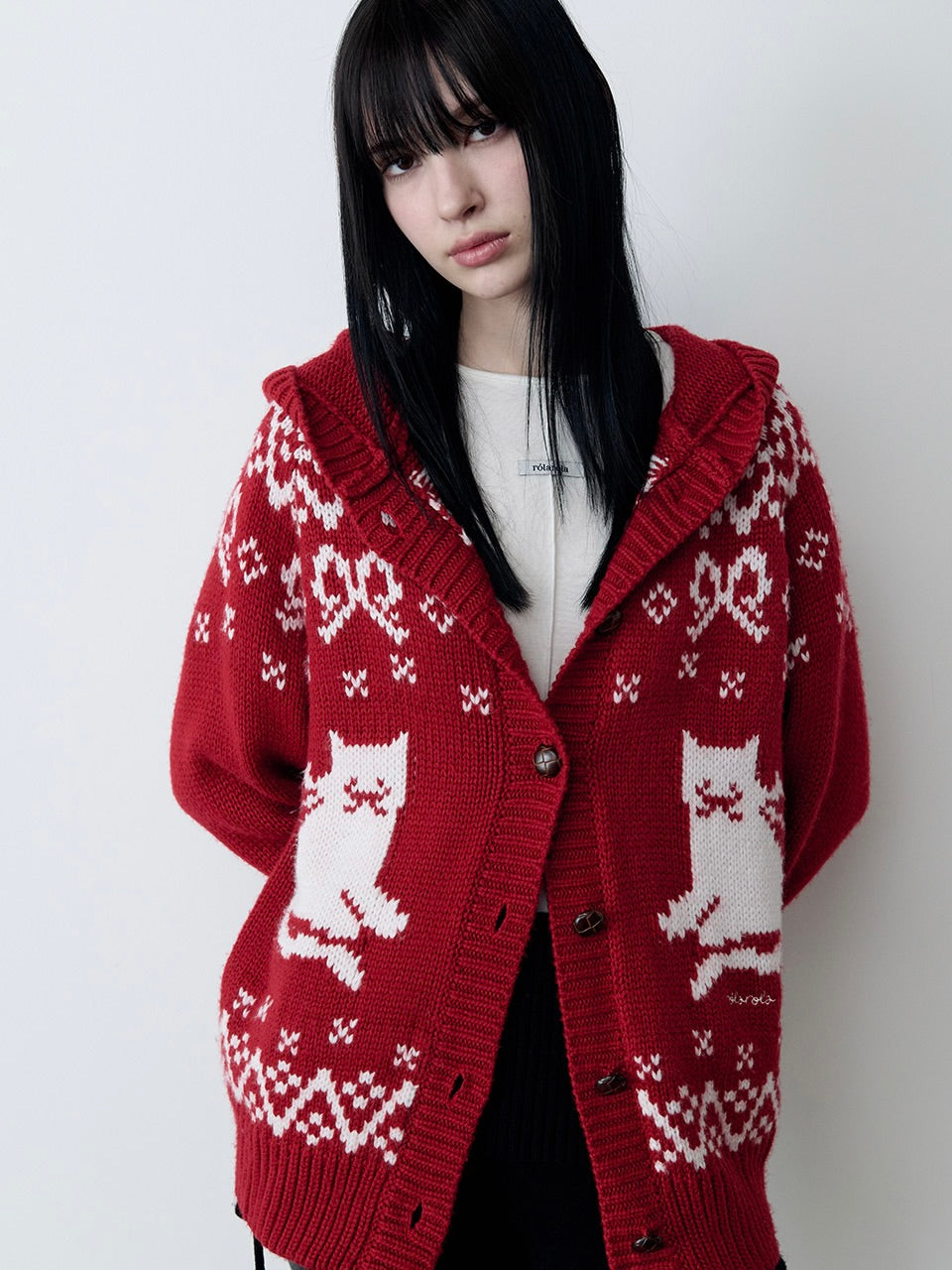 Cat jacquard hoodie cardigan red【IVE ウォニョン着用】