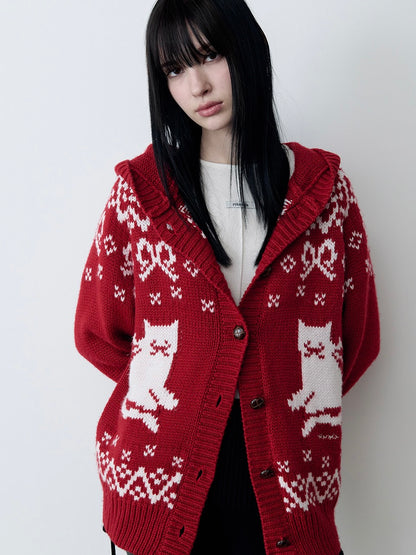 Cat jacquard hoodie cardigan red【IVE ウォニョン着用】