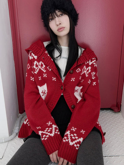 Cat jacquard hoodie cardigan red【IVE ウォニョン着用】
