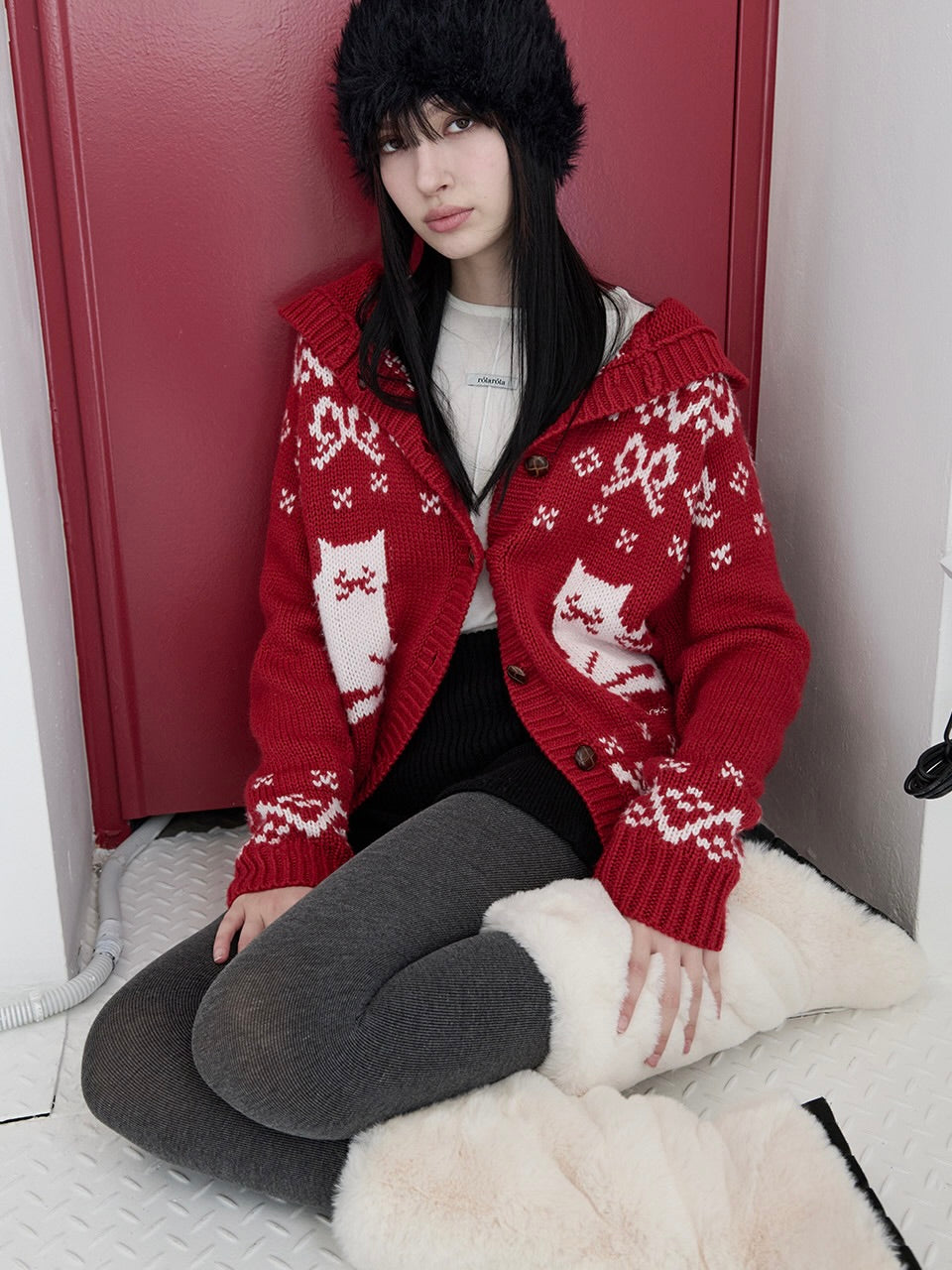 Cat jacquard hoodie cardigan red【IVE ウォニョン着用】