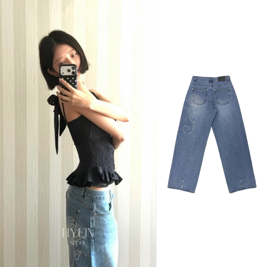 C ROSE HOTFIX WIDE DENIM PANTS/ LIGHT BLUE【IVE レイ着用】