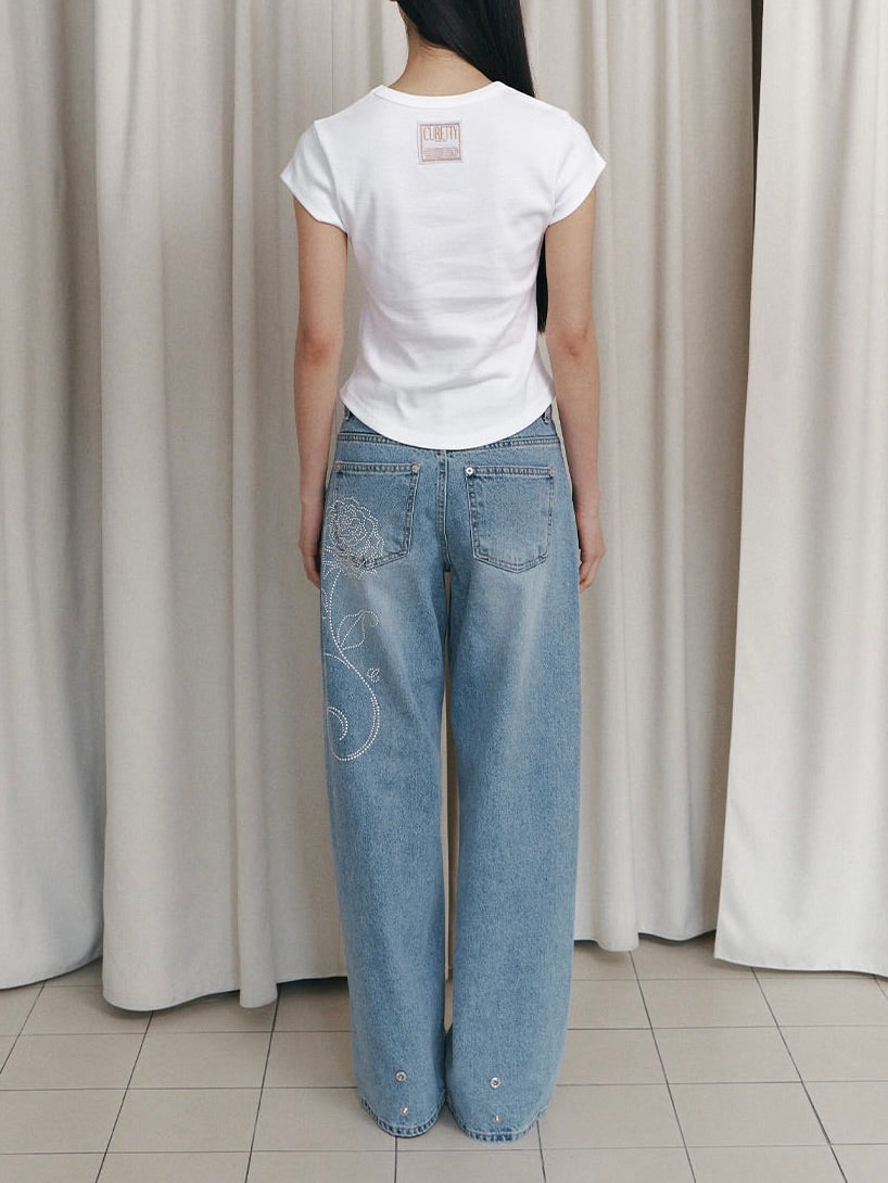 C ROSE HOTFIX WIDE DENIM PANTS/ LIGHT BLUE【IVE レイ着用】