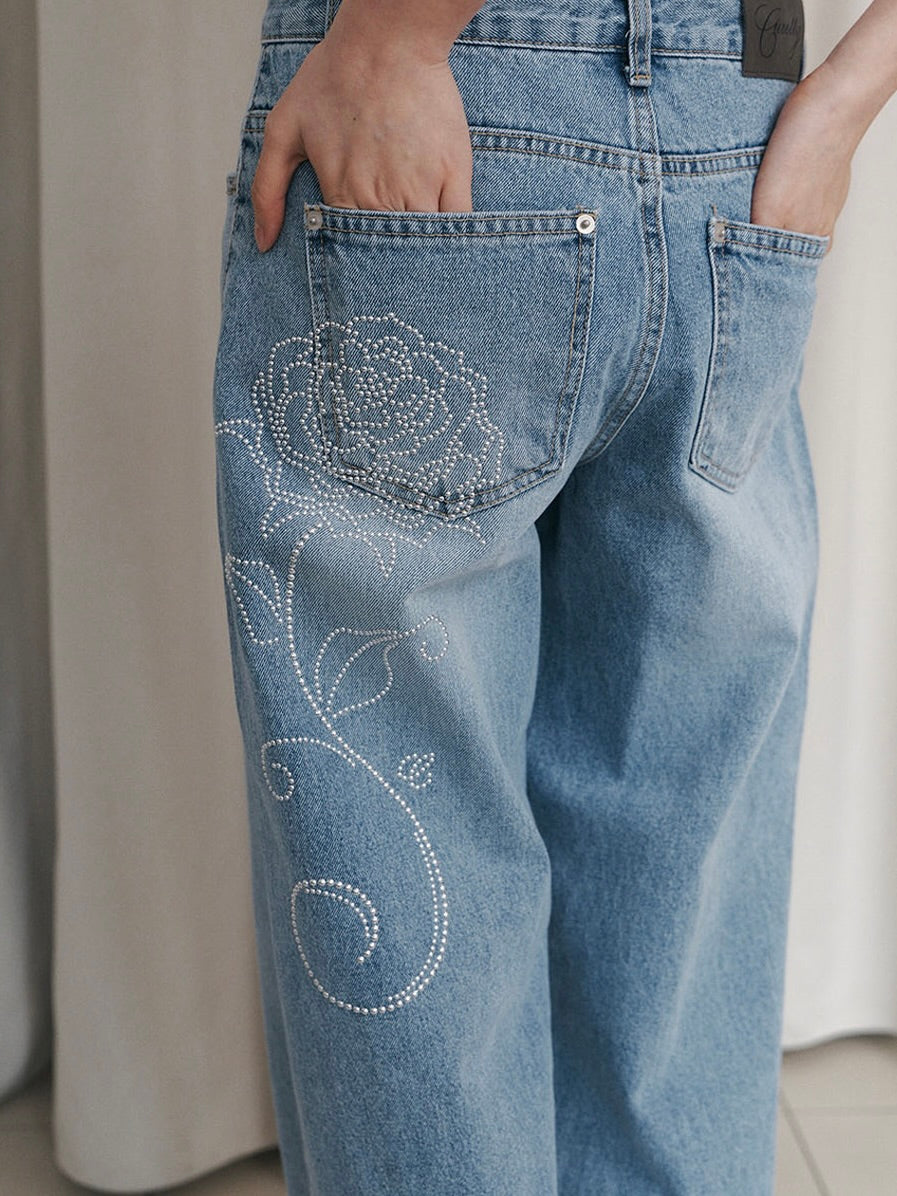 C ROSE HOTFIX WIDE DENIM PANTS/ LIGHT BLUE【IVE レイ着用】