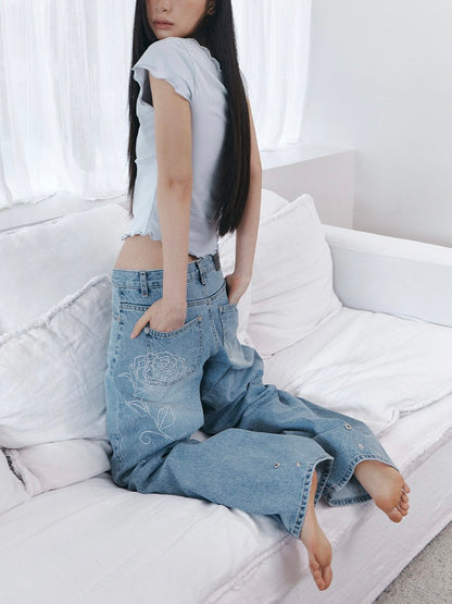 C ROSE HOTFIX WIDE DENIM PANTS/ LIGHT BLUE【IVE レイ着用】