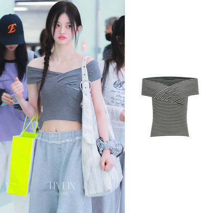 Cross over off shoulder top / grey【ILLIT ミンジュ着用】