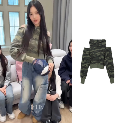 【Hearts2Hearts イアン着用】Cutout off-shoulder crop hoodie / camo