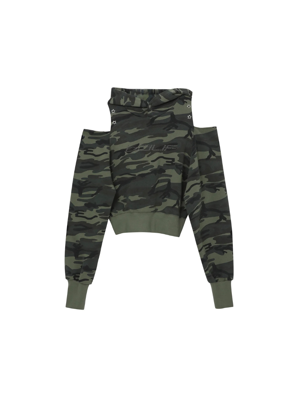 【Hearts2Hearts イアン着用】Cutout off-shoulder crop hoodie / camo