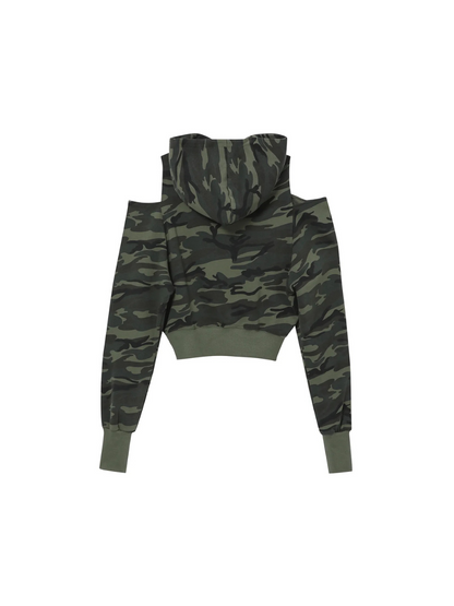 【Hearts2Hearts イアン着用】Cutout off-shoulder crop hoodie / camo