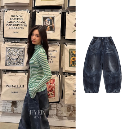 【aespa ニンニン着用】Dirty washed wide balloon denim pants