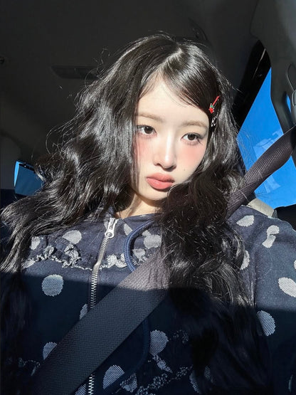 【IVE レイ着用】Frill heart hoodie / dot navy