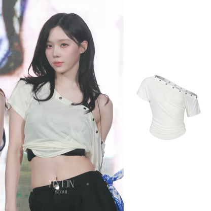 Harry button unbal shirring short top / ivory【aespa ウィンター着用】