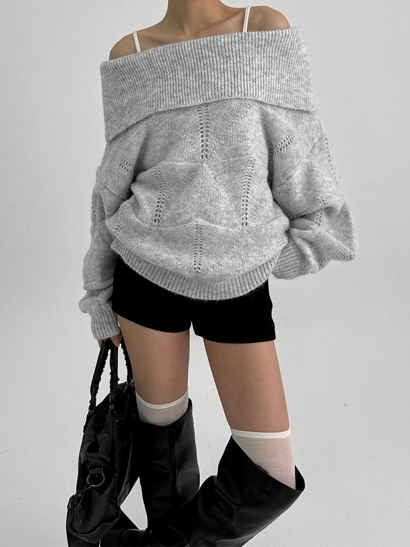 Kened punching off-shoulder wool knit / gray【Hearts2Hearts(H2H) ian】